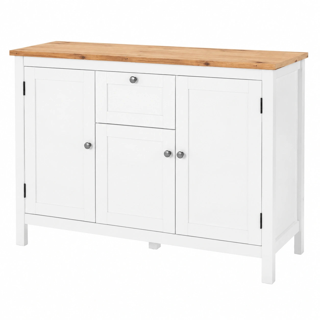 Landhaus Sideboard mit Schubladen und Holzeffekt Deckplatte, Weiß beschichtet, 3 Türen, 4 Einlegeböden, 120 x 90 x 40 cm