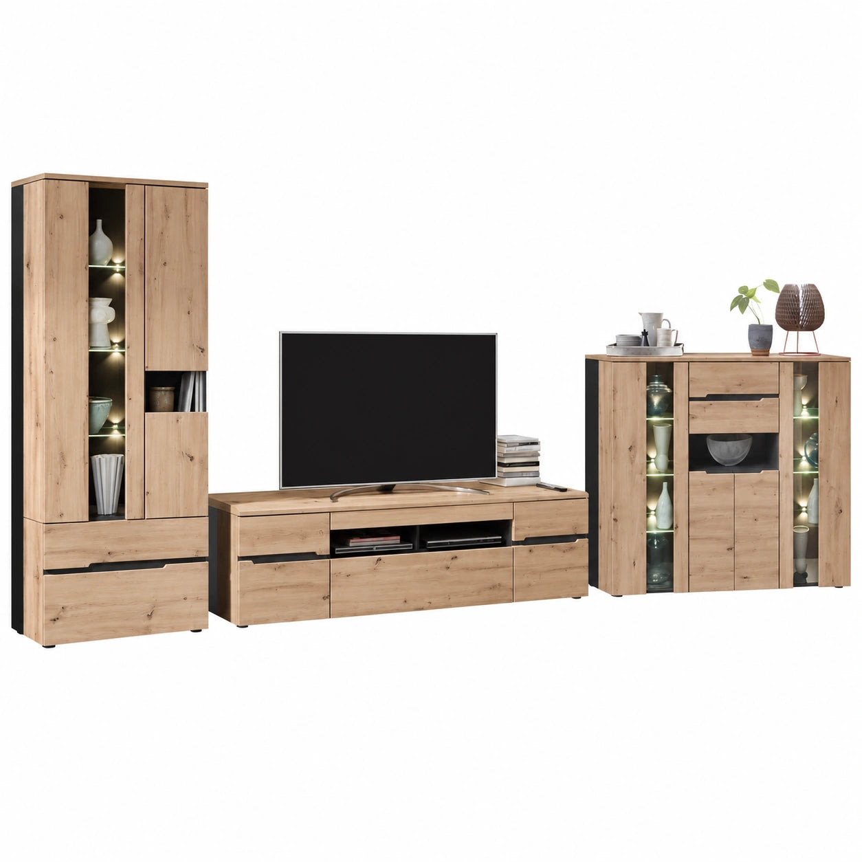 Lomadox TV-Schrankwand in Artisan-Eiche und Graphit mit LED-Beleuchtung