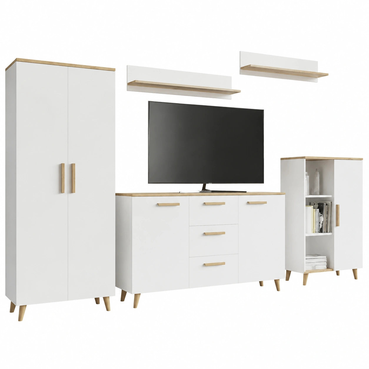MATKAM Wohnzimmer-Set Malmo, 5-teilig: 2 Kommoden, 1 Schrank, 2 Hängeregale, Weiß-Artenholz
