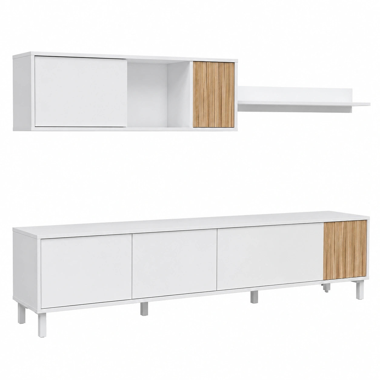 Moderne Wohnzimmermöbel mit großem Stauraum, 5 Drehtüren und 1 Klapptür, Weiß und Natur – Modell Ethna, Maße: 200x47x40 cm
