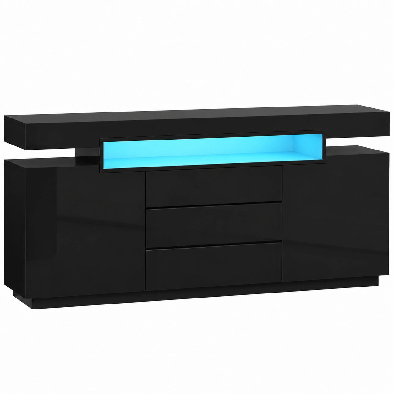 LED Sideboard mit Hochglanz für Wohnzimmer, 160 cm, Schwarz, mit 2 Türen und 3 Schubladen, TV-Möbelstück