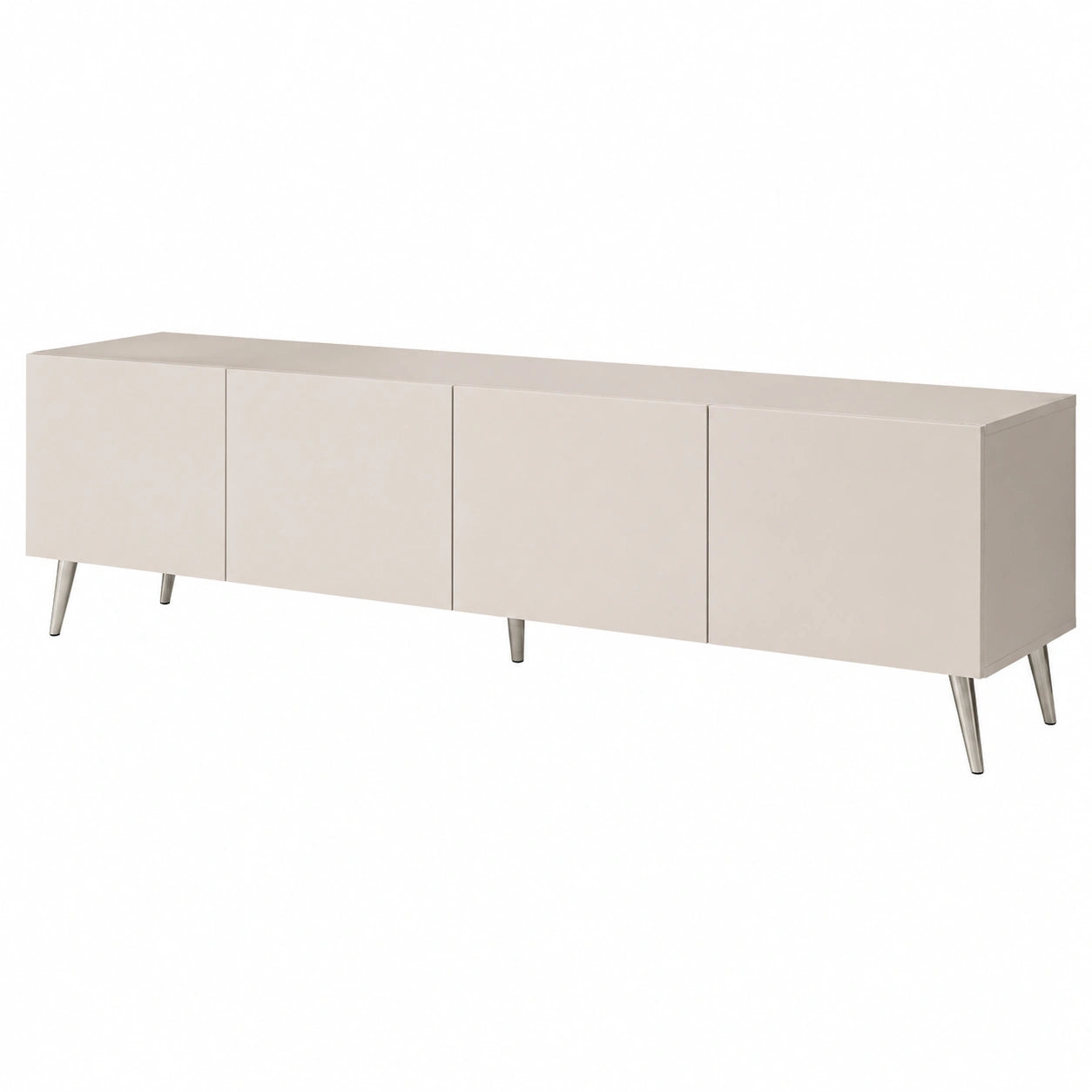 Moderner TV-Schrank 200 cm in Kaschmir Matt mit schrägen Onyx-Beinen und Push-to-Open-System, Silber-Chrom