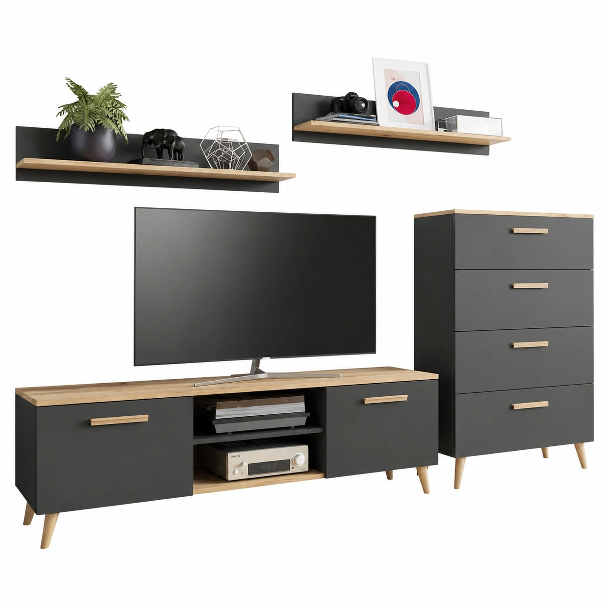 MATKAM Wohnzimmer-Set Fiord, 4-teilig: TV-Schrank, Kommode, 2 Wandregale (Anthrazit-Eiche)