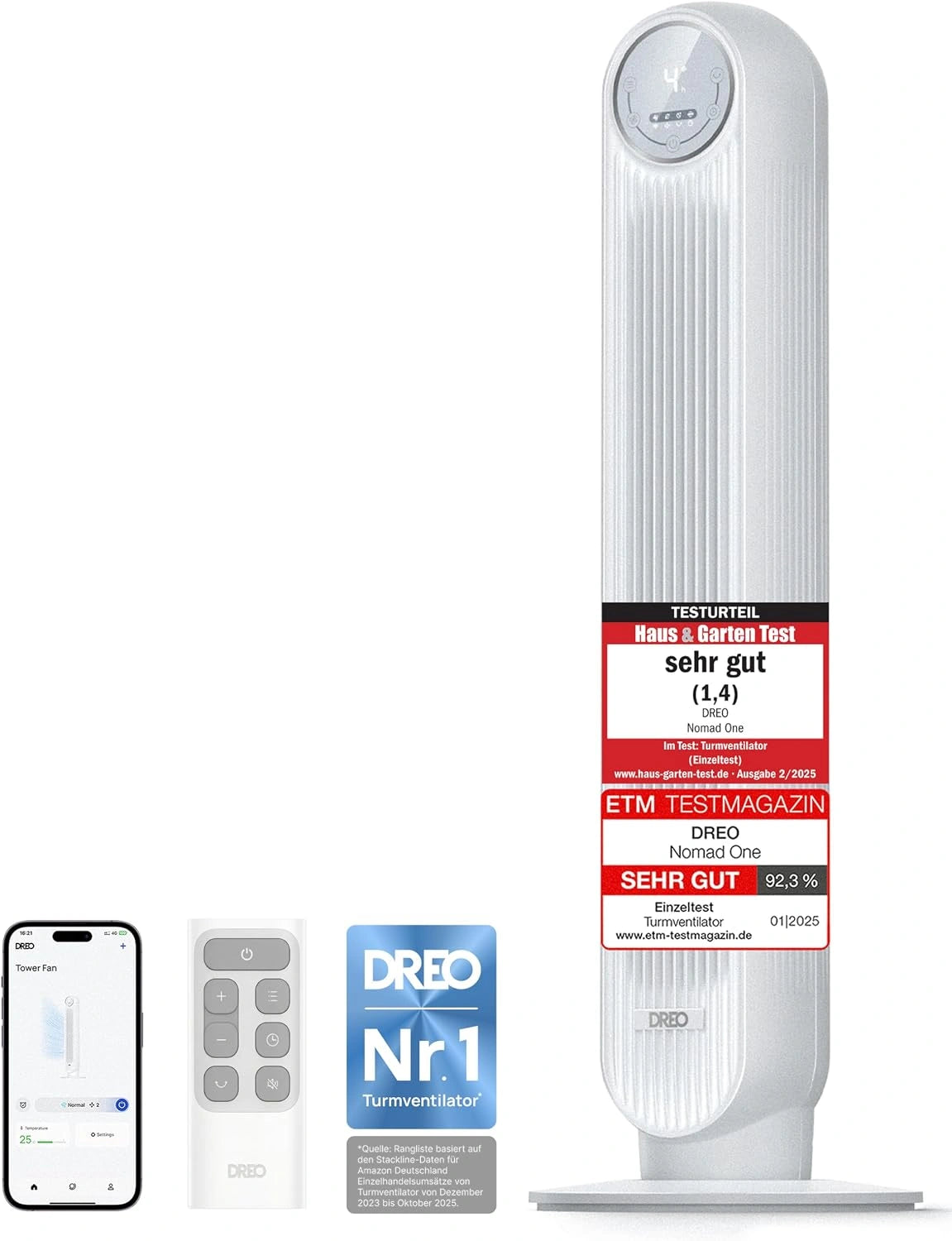 DREO Turmventilator, WLAN, Fernbedienung, Weiß
