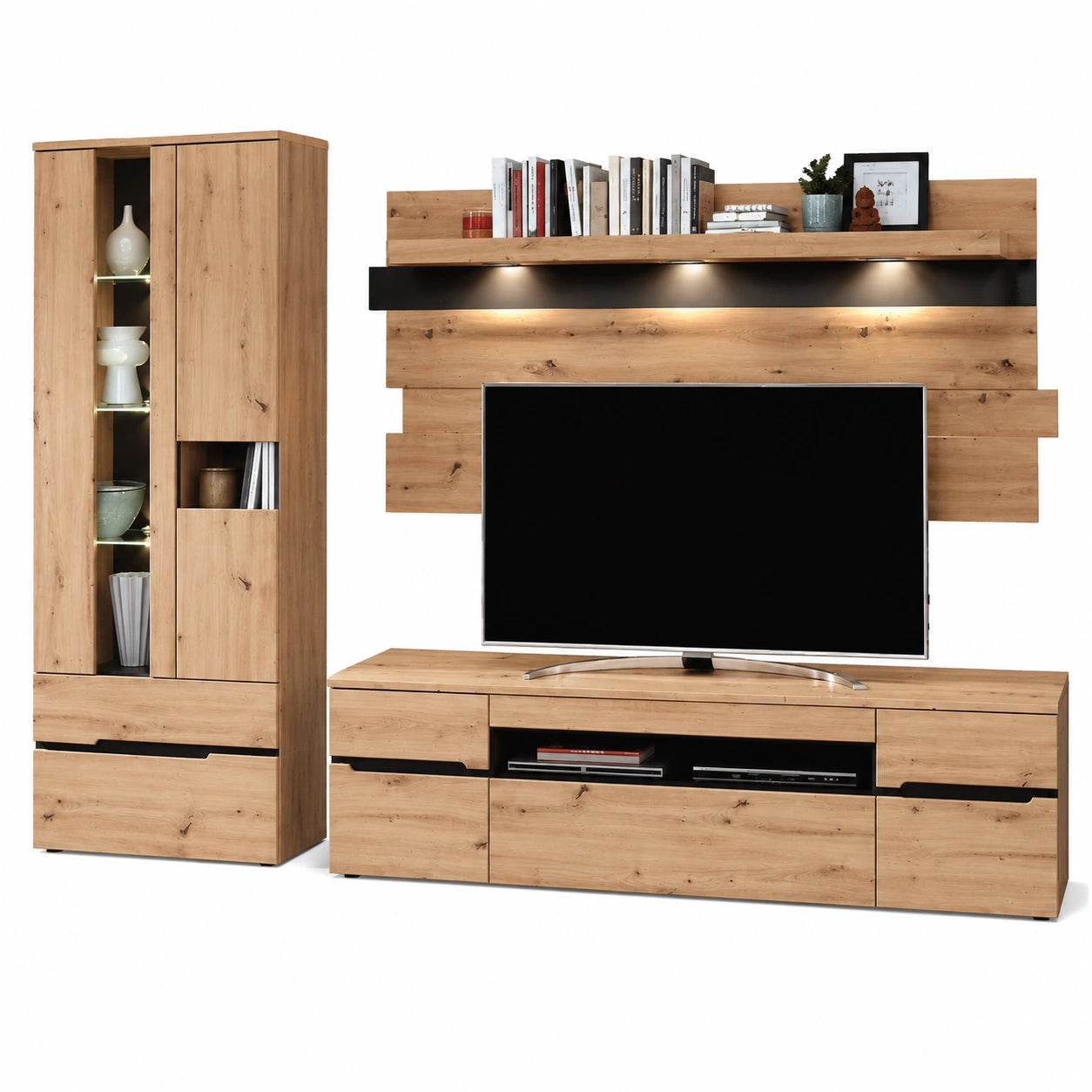 Moderne TV-Wohnwand mit LED-Licht in Eiche Artisan und Graphit, 287x197x47 cm