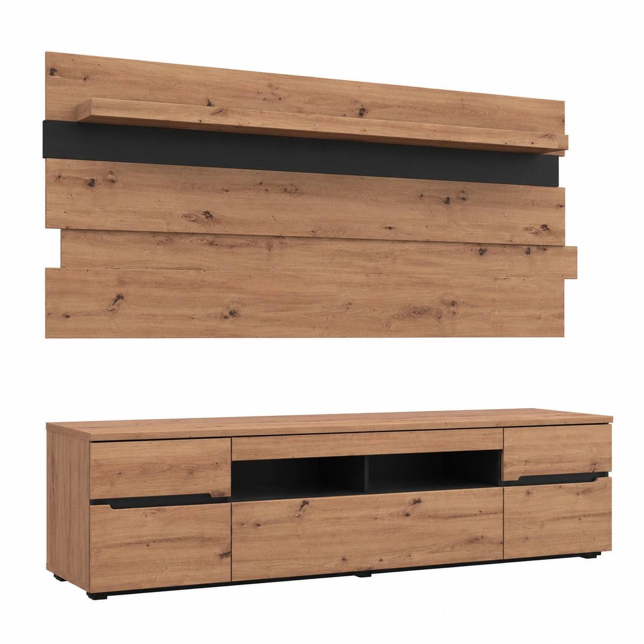 Lomadox TV-Schrank im Artisan Eiche mit Graphitakzenten, inklusive Wandpaneel, ca. 202x190x47 cm