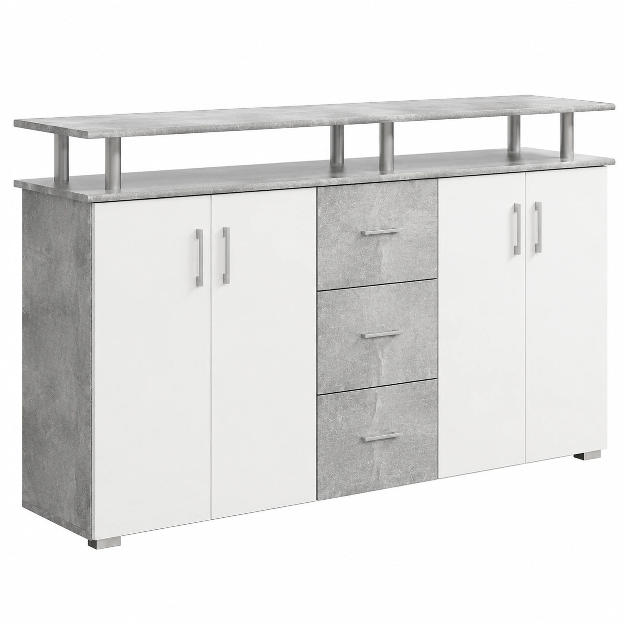 Moderner Beton-Optik Highboard mit Schubladen und großzügigem Stauraum - Weiß, 178 x 90 x 38 cm
