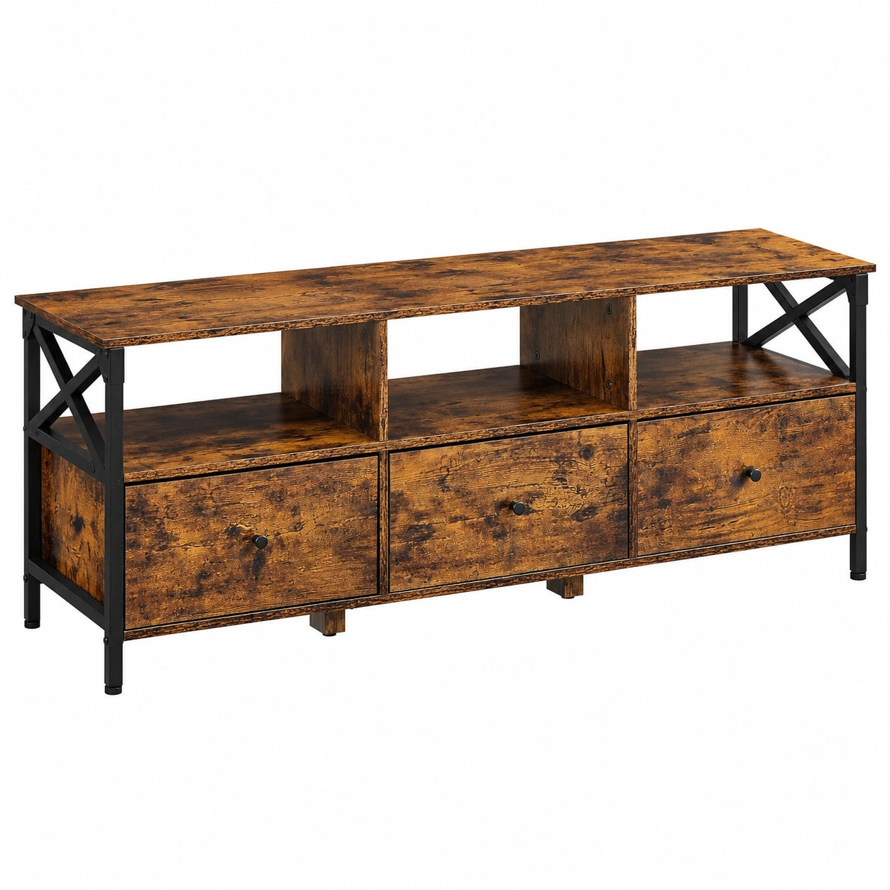 VASAGLE Fernsehkonsole mit Stoffschubladen und offenen Fächern, für Fernseher bis 65 Zoll, Stahlrahmen, Vintagebraun-Schwarz, 147 x 40 x 50 cm
