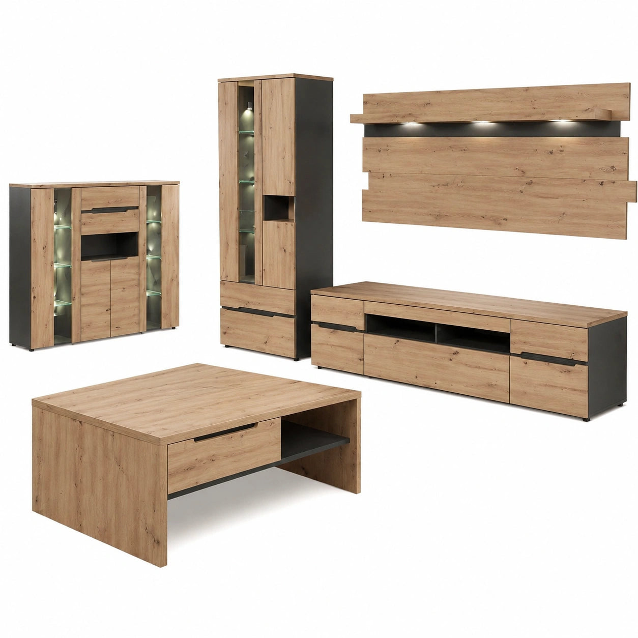 Lomadox Wohnzimmermöbel Set mit Couchtisch in Artisan Eiche und Graphit
