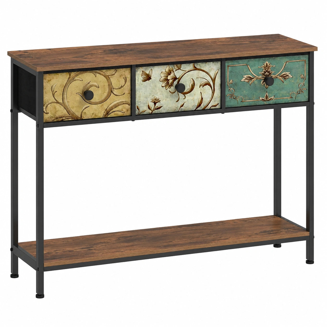 VEDECASA Vintage Konsolentisch mit 3 Schubladen und Offenen Fächern, Holz-Metallrahmen für Flur, Wohnzimmer und Schlafzimmer
