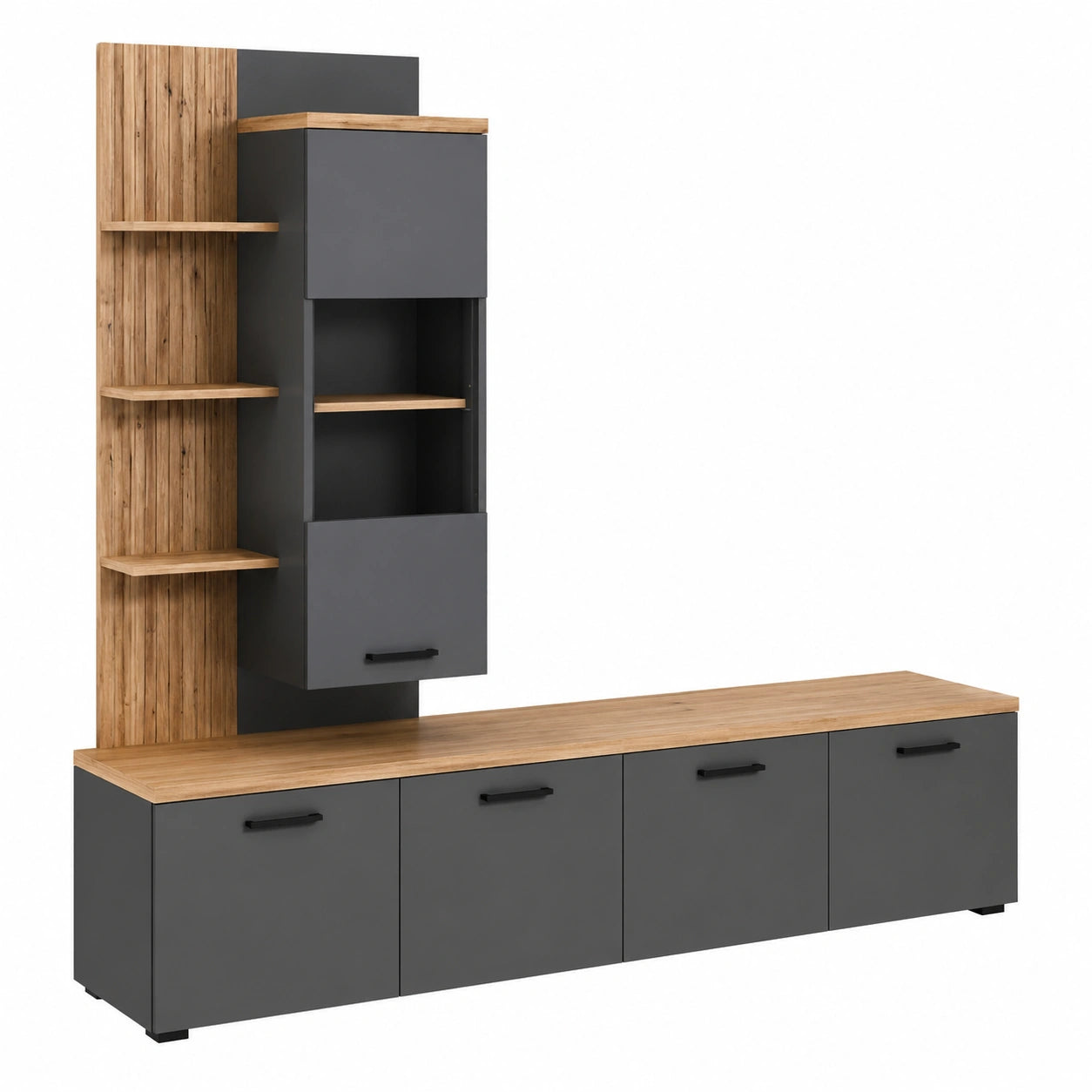 Trendteam Baggio Wohnwand Grau/Eiche für TVs bis 65 Zoll, 240 x 212 x 40 cm