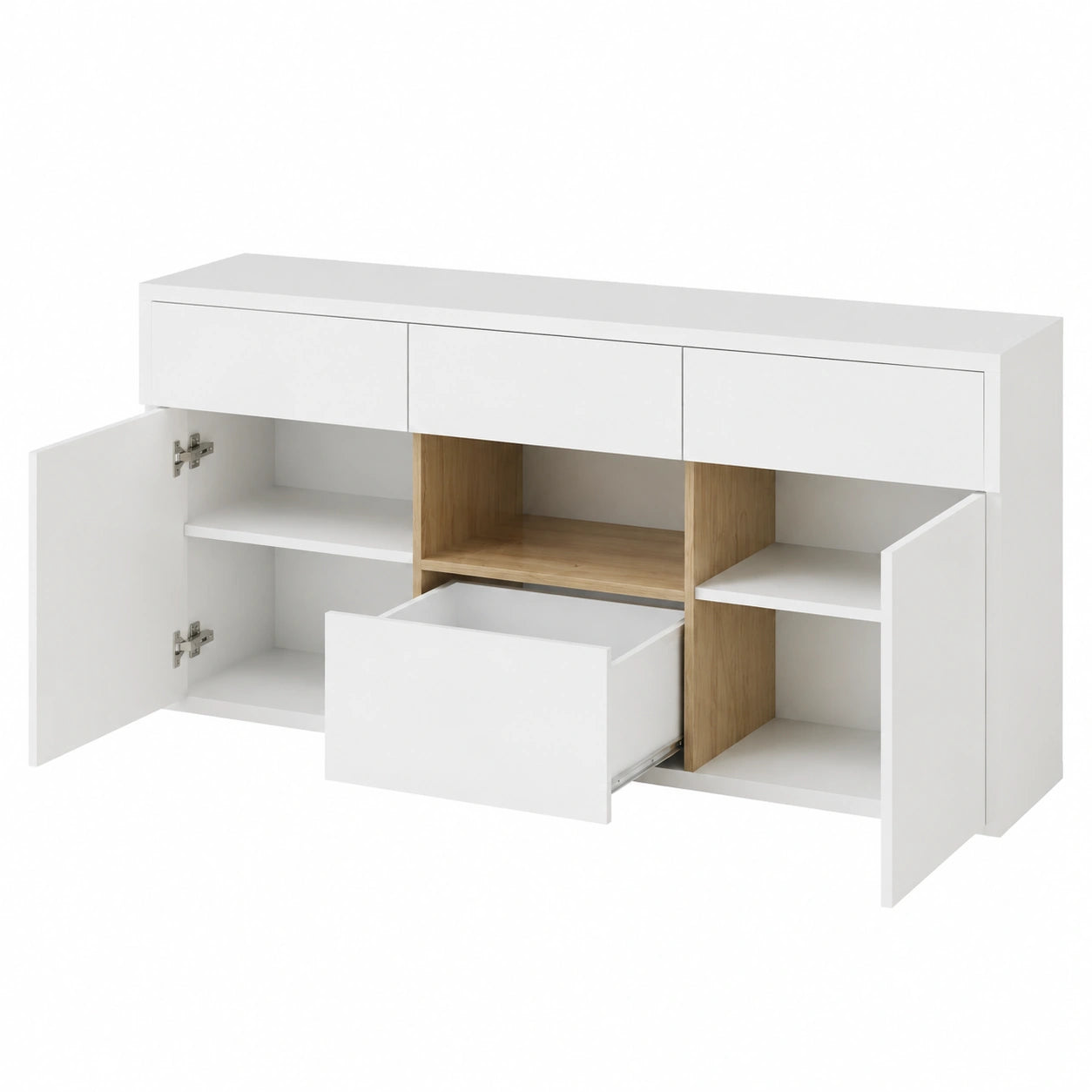 Modernes Sideboard mit LED, Hochglanz Weiß & Holzdekor, 140x40x70cm, 4 Schubladen, 2 Türen, Wohnzimmermöbel