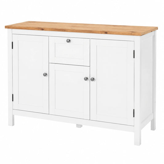 Landhaus Sideboard mit Schubladen und Holzeffekt Deckplatte, Weiß beschichtet, 3 Türen, 4 Einlegeböden, 120 x 90 x 40 cm