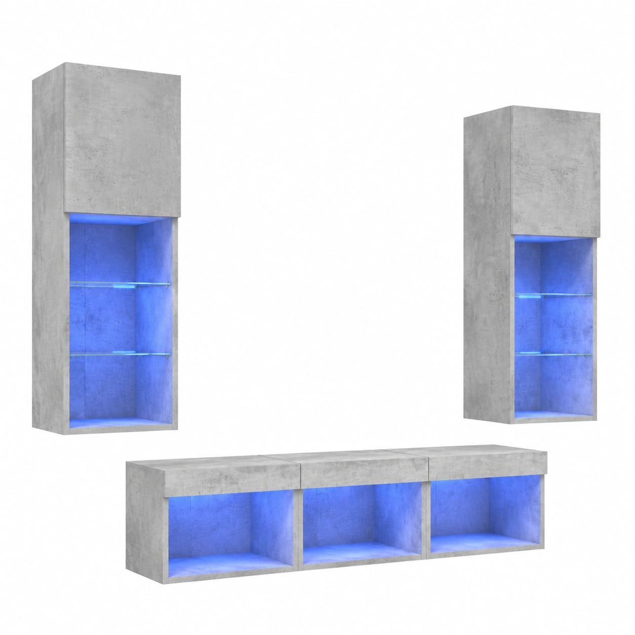 Moderne Wohnwand mit LED, 5-teiliges Set, Betongraue TV-Anbauwand für das Wohnzimmer