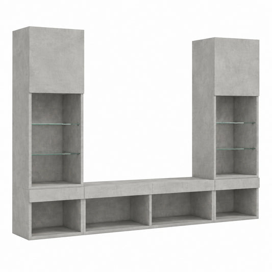 Moderne Wohnwand 5-teilig mit LED, Viel Stauraum, Betongrau