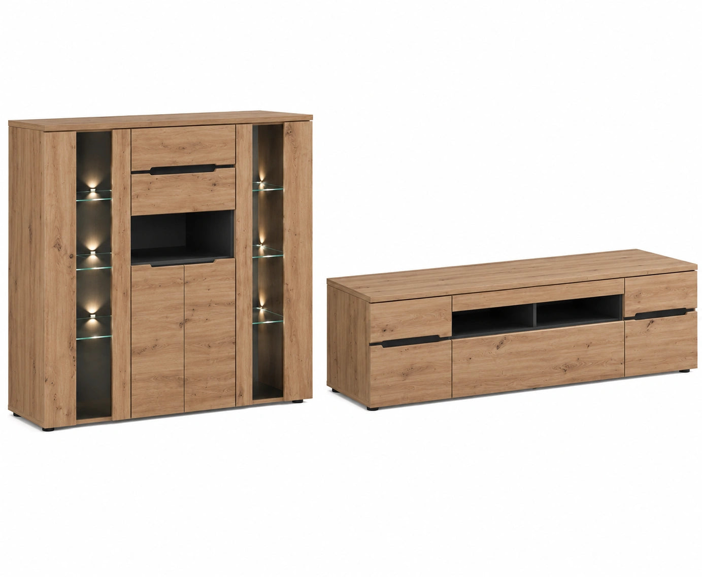 Lomadox Wohnwand-Set in Eiche Artisan mit Graphit, kompakt 357x127x47 cm