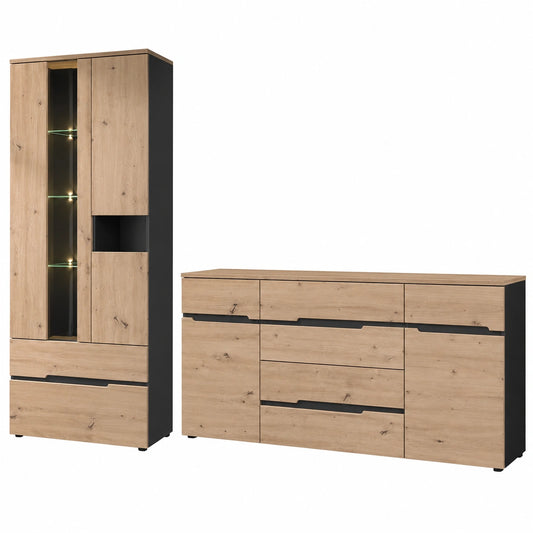 Lomadox Esszimmer Set aus Akazie mit Graphit-Vitrine und Sideboard, Maße: 260x197x44 cm