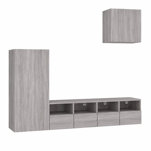 Moderne Wohnwand 4-tlg mit Stauraum, Wandmontage TV-Schrank in Grau Sonoma