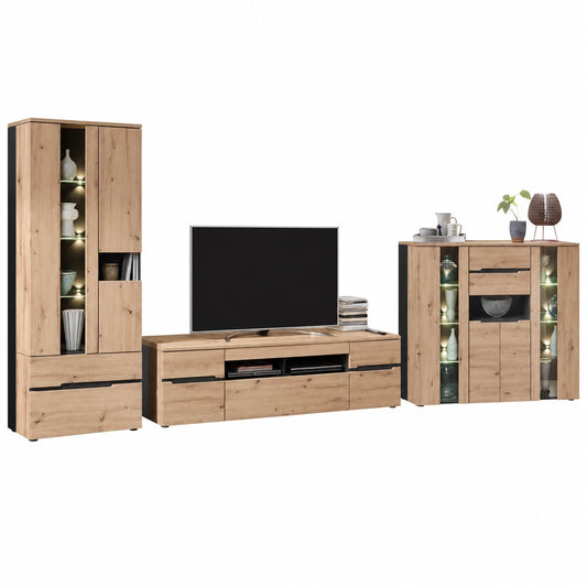Lomadox TV-Schrankwand in Artisan-Eiche und Graphit mit LED-Beleuchtung