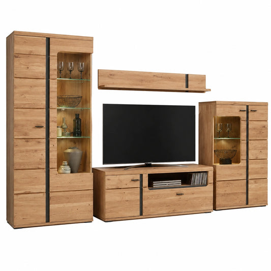 Lomadox Wohnwand Set mit Esche Fronten und LED-Beleuchtung, Schwarz Matt Akzenten, Maße 360/201/42 cm