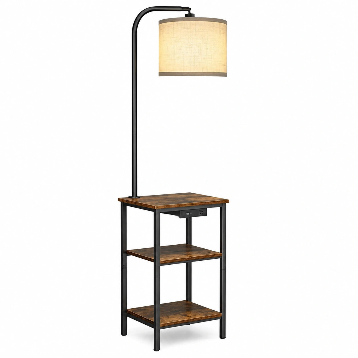 Multifunktionale LED-Stehlampe mit Regal und Tisch, dimmbar, inklusive Fernbedienung, 3 Farbmodi, Ladestation, ideal für Wohnzimmer und Büro