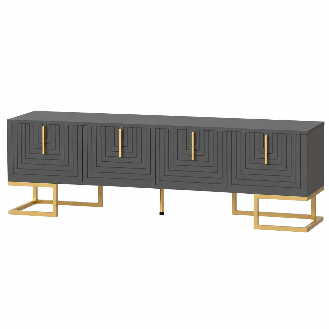 Elegantes TV-Möbel mit vier strukturierten Türen und goldenen Akzenten, 170 x 40 x 45,5 cm, schwarz