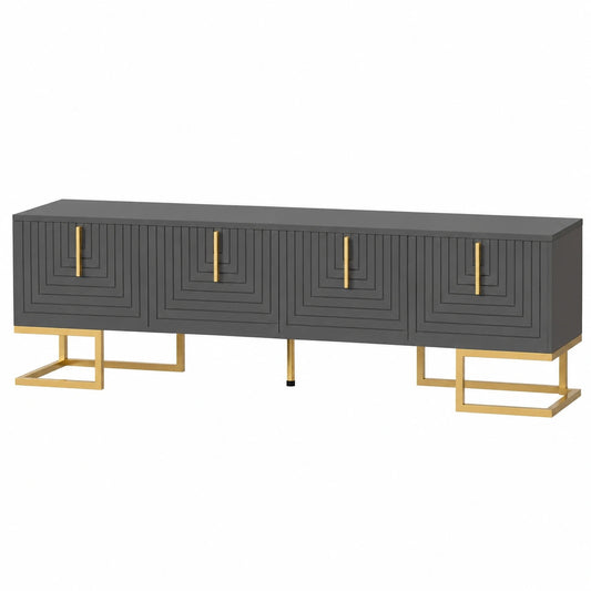 Elegantes TV-Möbel mit vier strukturierten Türen und goldenen Akzenten, 170 x 40 x 45,5 cm, schwarz