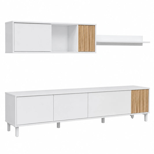 Moderne Wohnzimmermöbel mit großem Stauraum, 5 Drehtüren und 1 Klapptür, Weiß und Natur – Modell Ethna, Maße: 200x47x40 cm