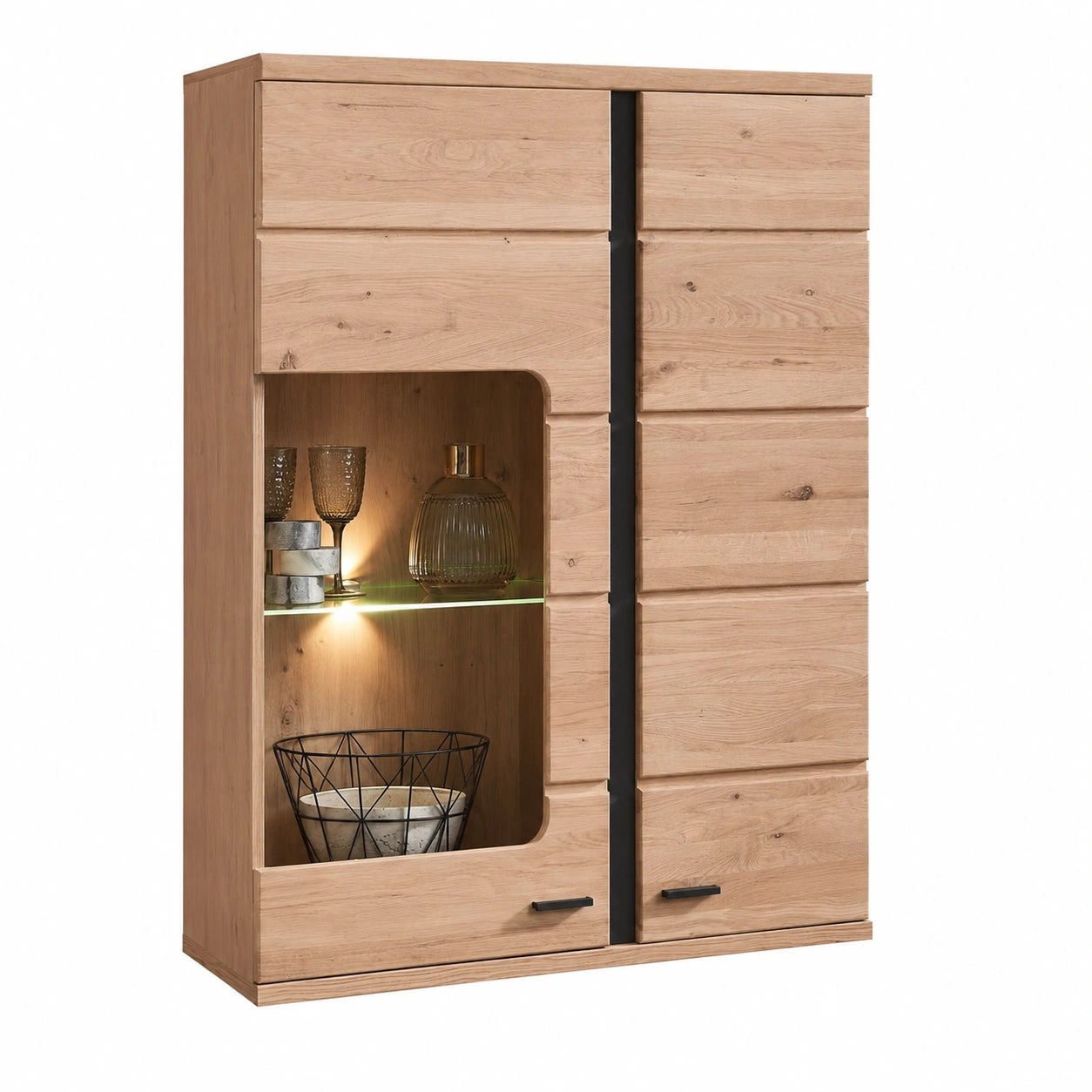 Hängeschrank aus Esche Massivholz mit LED und schwarzem Mattakzent, 90x120x38 cm