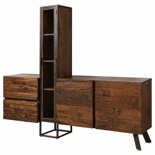 Sevilla Wohnwand aus Akazienholz mit LED-Beleuchtung, Braun, 193x38x185 cm, 8 Fächer, 2 Schubladen