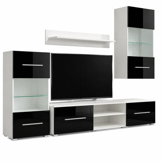 Hommdiy Moderne Wohnwand in Schwarz mit LED-Beleuchtung, Set aus 5 Teilen