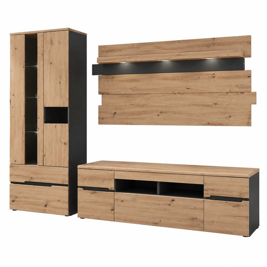 Moderne Wohnwand im Artisan Eiche Look mit LED-Beleuchtung, 287 cm