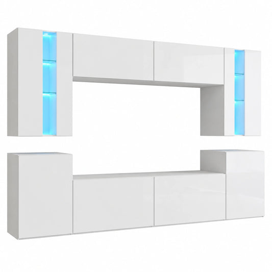 Moderne Wohnwand mit LED-Beleuchtung | Hängendes Möbelset in Weiß | Inklusive Regale und TV-Schrank