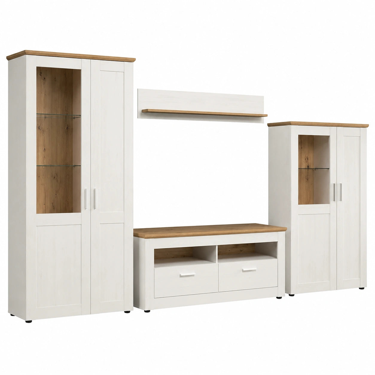 Moderne Wohnzimmermöbel-Set in Weiß und Eiche mit hohem und halbhohem Vitrinenschrank, TV-Schrank und Wandregal, 368x194x45 cm