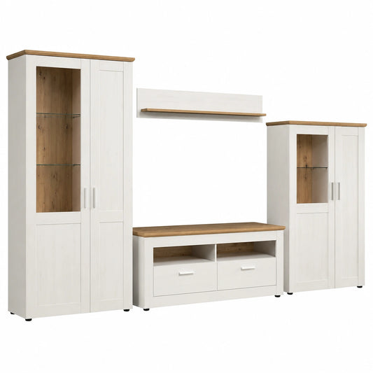 Moderne Wohnzimmermöbel-Set in Weiß und Eiche mit hohem und halbhohem Vitrinenschrank, TV-Schrank und Wandregal, 368x194x45 cm