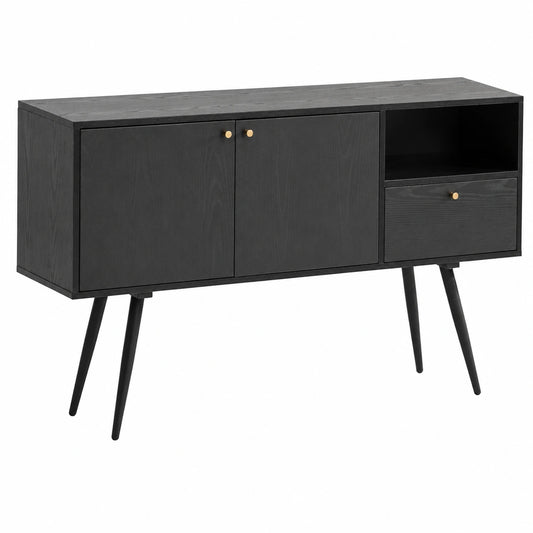 FineBuy Sideboard Eiche-Schwarz 140x75x40 cm mit Türen und Schubladen, Moderner Wohnzimmer-Kommodenschrank