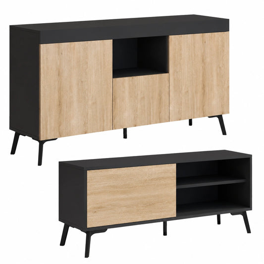 Modernes Wohnzimmer-Set Kai in Schwarz und Sonoma, inkl. Sideboard und TV-Schrank, Mattes Design