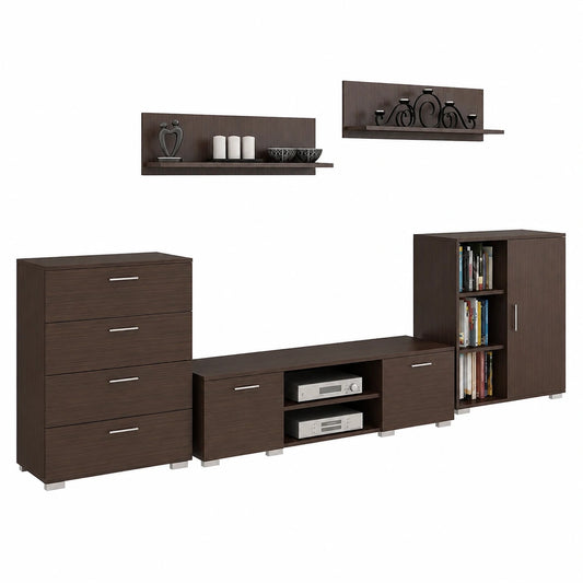 MATKAM Wohnzimmer-Set Chopin 2, 5-teilig, 18 mm laminiert, Schubladenschrank H100xB80xT40cm, TV-Schrank H35xB150xT40cm, Kommode mit Tür H100xB80xT30cm, 2 Wandregale (Wenge)