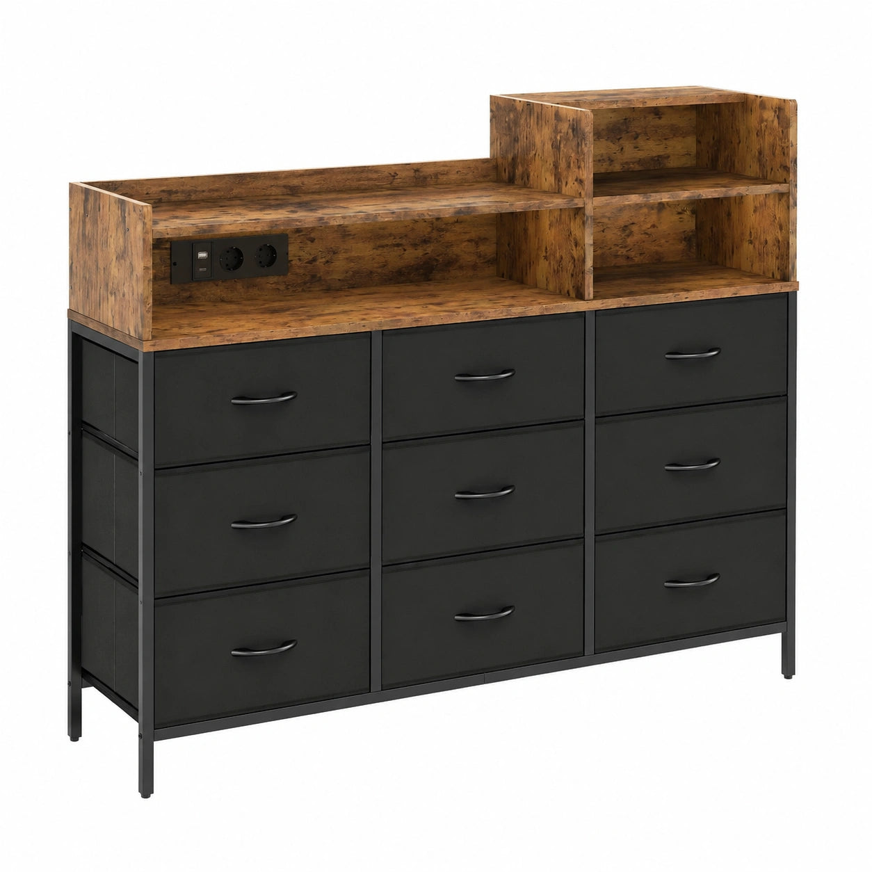 Moderne IRONCK Kommode mit LED & Ladefunktion, 9 Stoffschubladen & 3 Fächer, für Schlafzimmer & Wohnzimmer, Vintage Schwarz