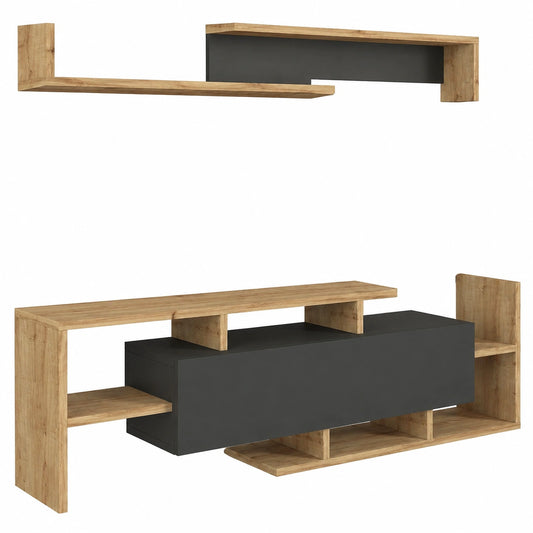 Moderne TV-Bank mit Wandregal, Stauraum und stilvollem Design, 154 cm, Saphir-Eiche/Schwarz