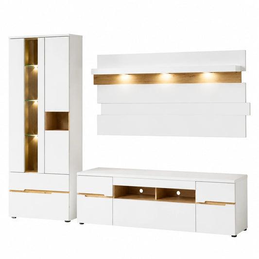 Stella Trading Memphis Wohnwand Set in Weiß und Eiche mit LED für Wohnzimmer - 287x197x47 cm