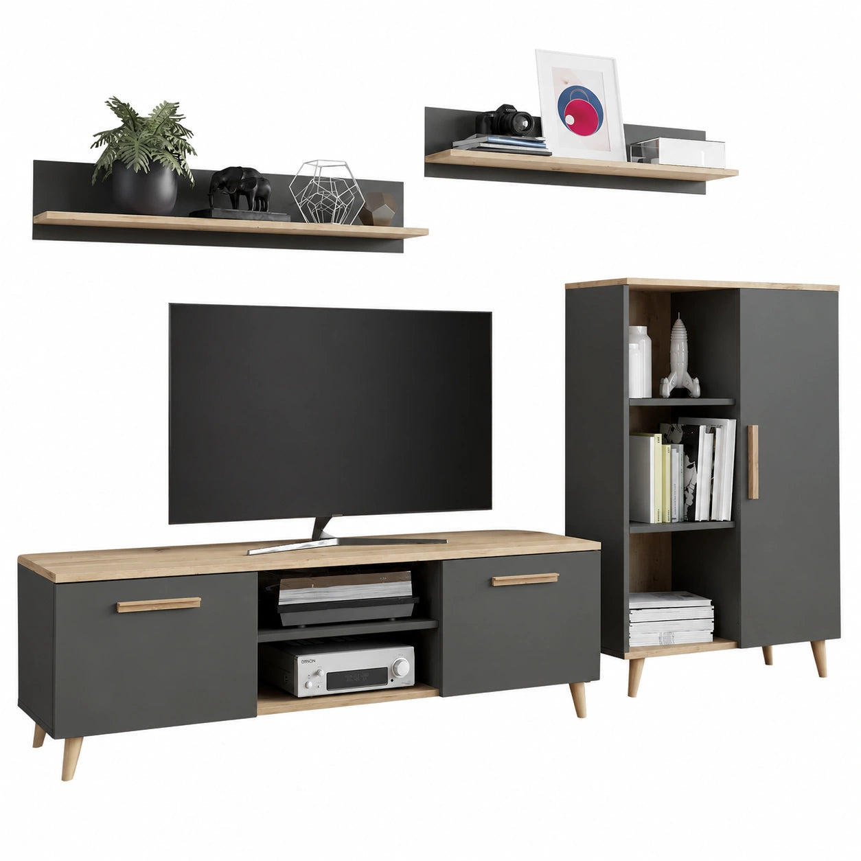 MATKAM Oslo Wohnzimmermöbel, 4-tlg, TV-Schrank, Kommode & Wandregale, Anthrazit-Eiche
