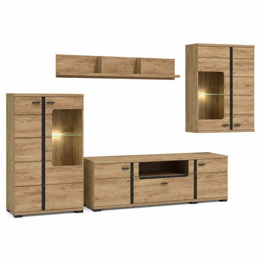 Wohnwand aus Massivholz mit LED-Beleuchtung, Artisan Eiche und Schwarz