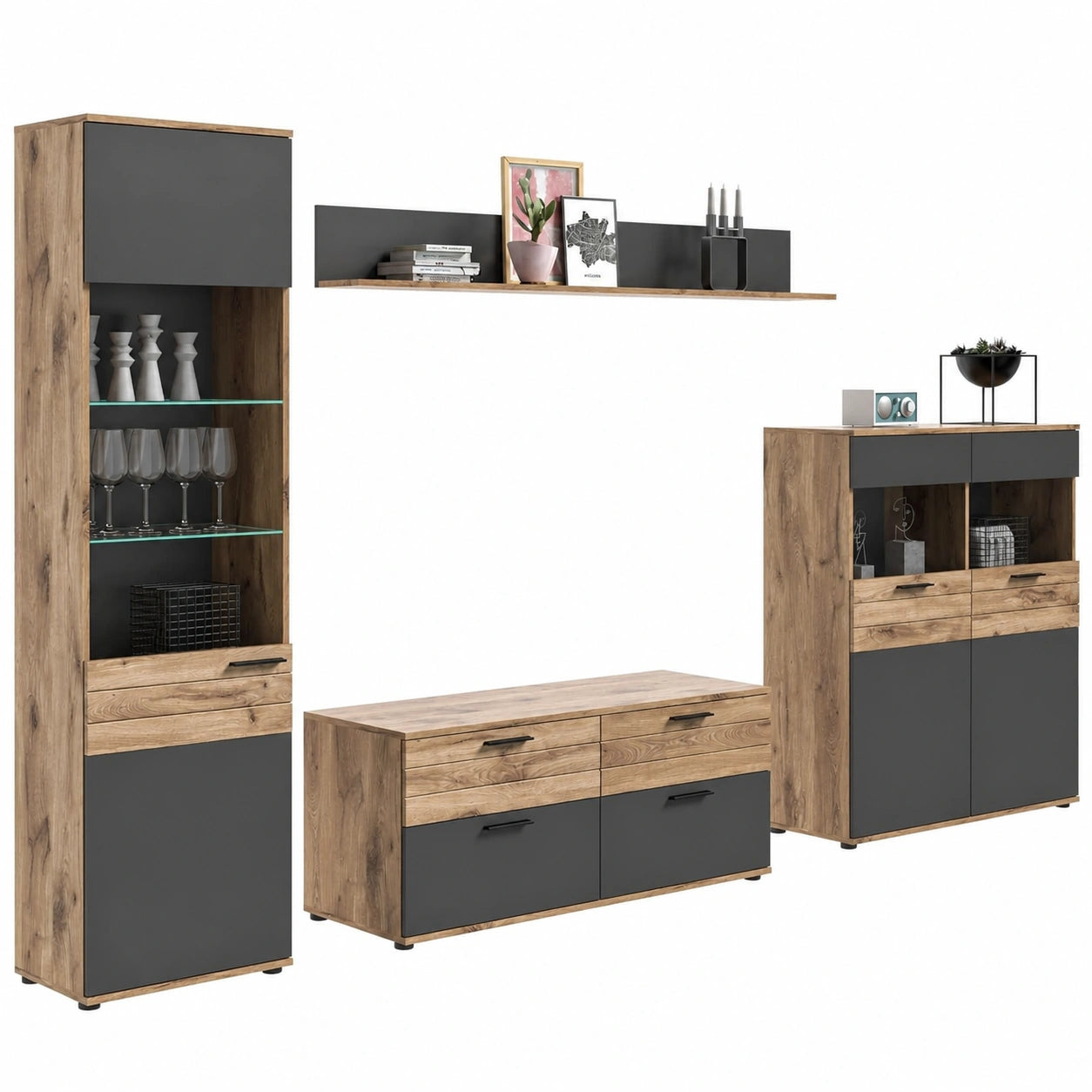 Moderne Wohnwand Mason 4-teilig, Eiche Nox und Basaltgrau, 327x200x44 cm