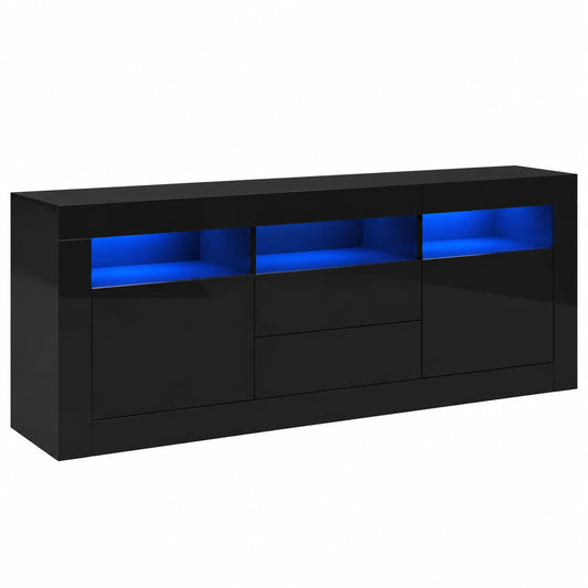 Merax TV-Schrank in Hochglanz mit LED, App-gesteuert, 3 offene Fächer, 2 Türen, 2 Schubladen, geeignet für 70-Zoll Fernseher, Schwarz, 160x35x60cm