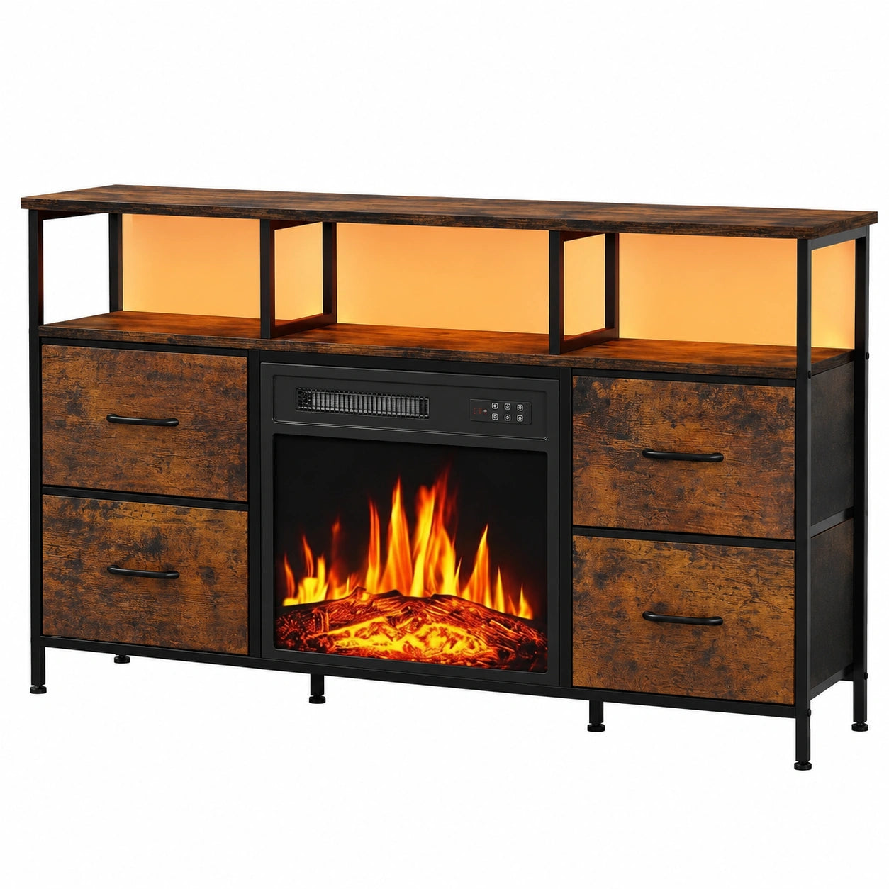 Waleaf Elektrischer TV-Schrank mit 3D-Flamme, für Fernseher bis 55 Zoll, mit Heizung, 4 Schubladen und offenen Fächern, Braun