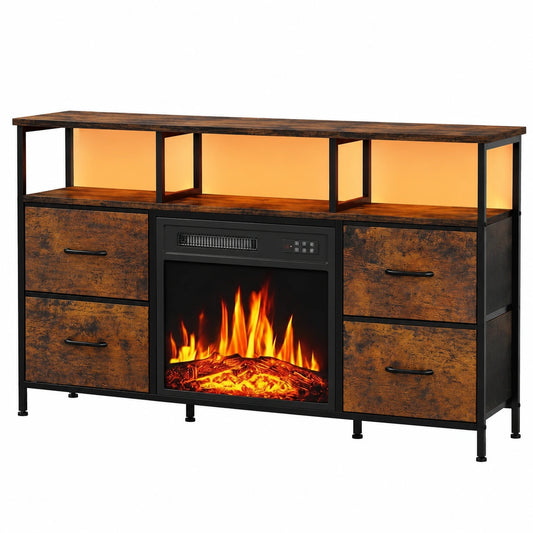 Waleaf Elektrischer TV-Schrank mit 3D-Flamme, für Fernseher bis 55 Zoll, mit Heizung, 4 Schubladen und offenen Fächern, Braun