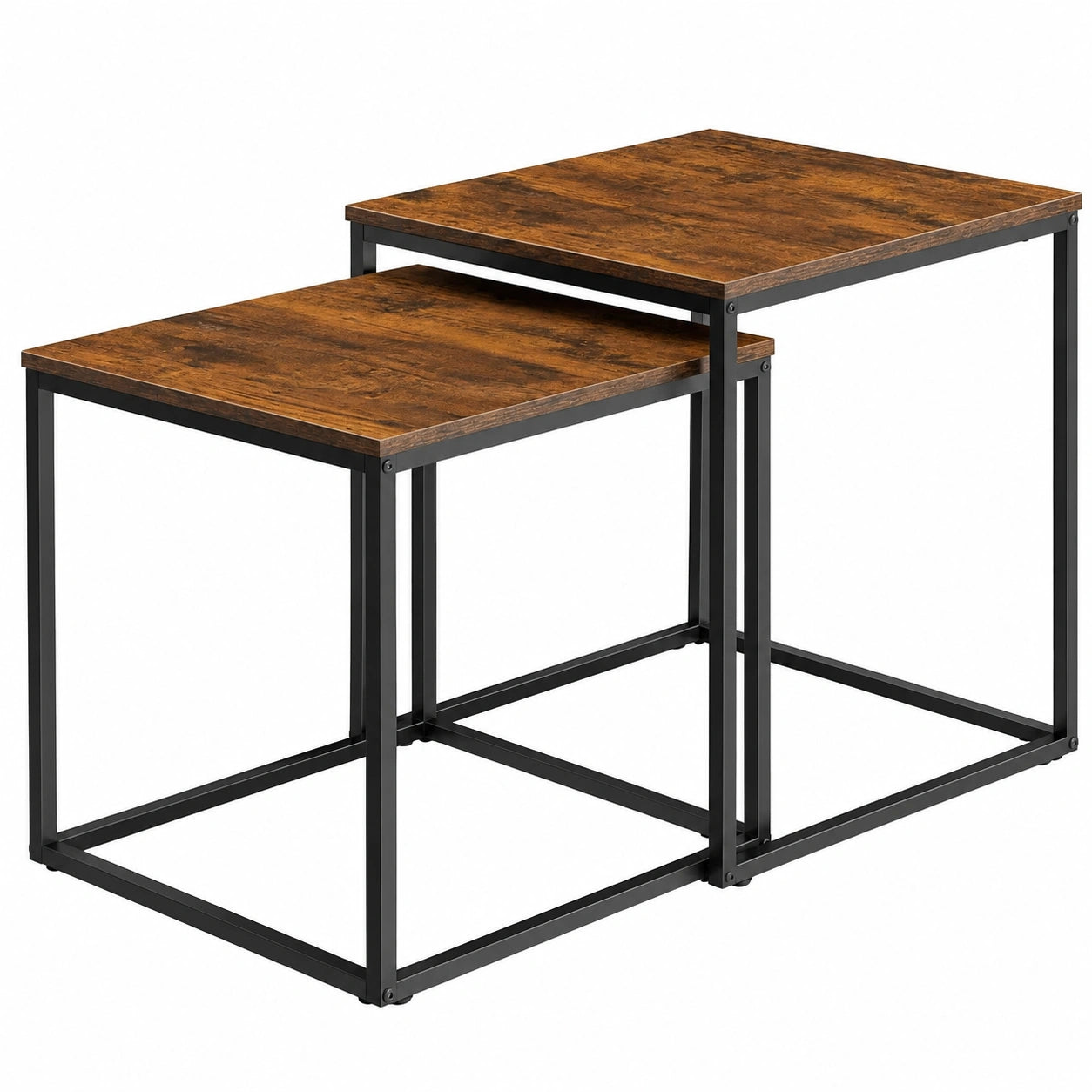 Kombinierter Couchtisch 2er-Set Quadratisch im Loft-Stil, Kratzfest, Rustikale Eiche mit Schwarzen Beinen, Wohnzimmer 50cm und 45cm