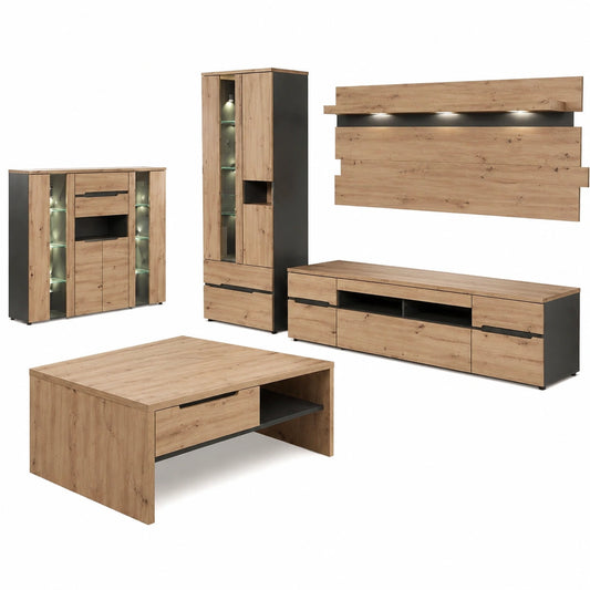 Lomadox Wohnzimmermöbel Set mit Couchtisch in Artisan Eiche und Graphit