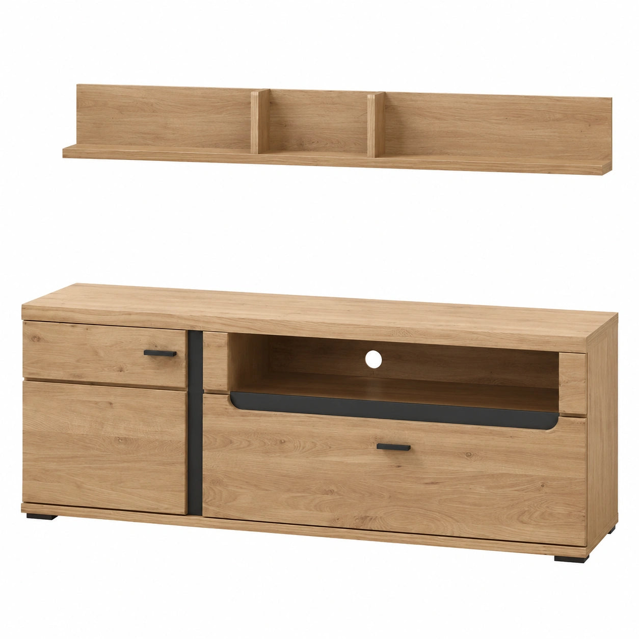 Modernes TV-Lowboard mit Esche Massivholz und schwarzem Wandregal, Maße 150x200x42 cm